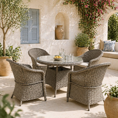 Wyld Haus Vifi Round 5-Piece Rattan-Style Outdoor Dining Set, Mixed Grey With Sand Brown Cushions - Glass Table & 4 Armchairs - image 1