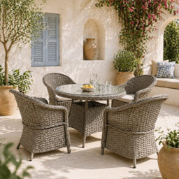 Wyld Haus Vifi Round 5-Piece Rattan-Style Outdoor Dining Set, Mixed Grey With Sand Brown Cushions - Glass Table & 4 Armchairs - thumbnail 1