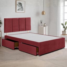 Red Plush Fabric 5Ft King Size Bed Frame With 20 Inch Vertical Line Headboard And 2 Drawers