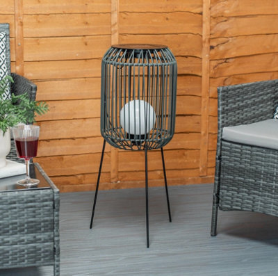 Solar Outdoor Black Squat Tripod Lamp Rattan Globe Bulb Garden Patio Led Lights - image 1