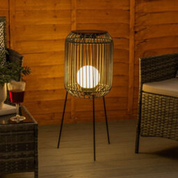 Solar Outdoor Black Squat Tripod Lamp Rattan Globe Bulb Garden Patio Led Lights - thumbnail 3