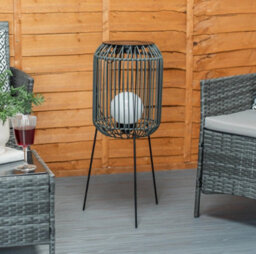 Solar Outdoor Black Squat Tripod Lamp Rattan Globe Bulb Garden Patio Led Lights - thumbnail 1