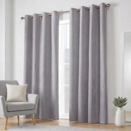 Luxury Living Velvet Chenille Eyelet Curtains Ready Made Pair Silver - thumbnail 6