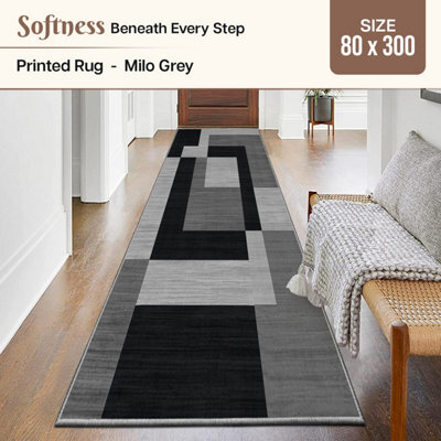 Ameha Milo Black Grey Printed Rug Kitchen Hallway Area Extra Large Runner Rugs, 80X300 Cm - image 1