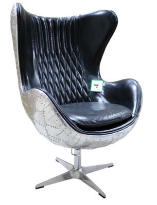 Aviator Retro Swivel Egg Armchair Aluminium Vintage Black Real Distressed Leather - image 1
