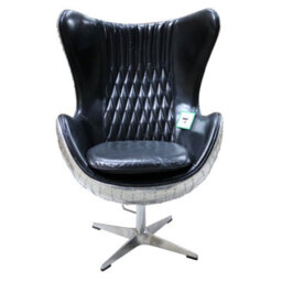 Aviator Retro Swivel Egg Armchair Aluminium Vintage Black Real Distressed Leather - thumbnail 2