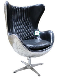 Aviator Retro Swivel Egg Armchair Aluminium Vintage Black Real Distressed Leather