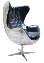 Aviator Retro Swivel Egg Armchair Aluminium Vintage Black Real Distressed Leather - thumbnail 3
