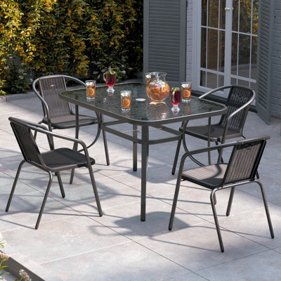 Living And Home Set Of 5 Black Tempered Glass 4 Seater Garden Furniture Set Outdoor Coffee Umbrella Table And Stackable Chairs Set 120 Cm - image 1