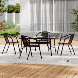 Living And Home Set Of 5 Black Tempered Glass 4 Seater Garden Furniture Set Outdoor Coffee Umbrella Table And Stackable Chairs Set 120 Cm - thumbnail 3