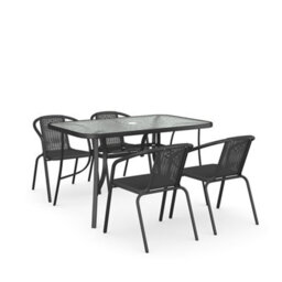 Living And Home Set Of 5 Black Tempered Glass 4 Seater Garden Furniture Set Outdoor Coffee Umbrella Table And Stackable Chairs Set 120 Cm - thumbnail 4