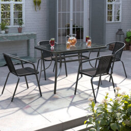 Living And Home Set Of 5 Black Tempered Glass 4 Seater Garden Furniture Set Outdoor Coffee Umbrella Table And Stackable Chairs Set 120 Cm - thumbnail 2
