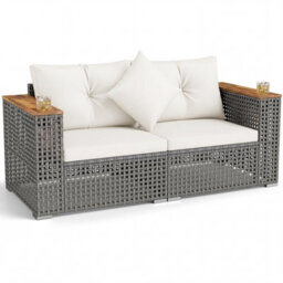Gainoom 2-Piece Patio Corner Sofa Set Outdoor Sectional Wicker Loveseat Patio Conversation Set With Cup Holders