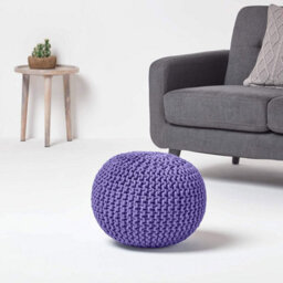 Homescapes Purple Round Cotton Knitted Pouffe Footstool - thumbnail 2