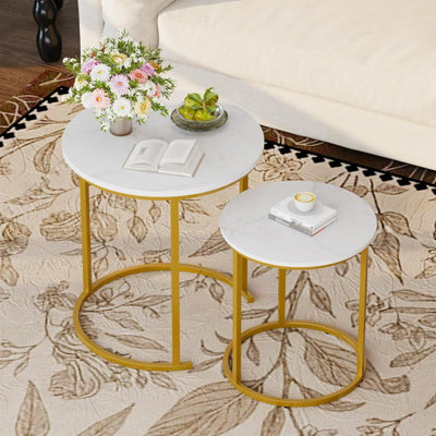 Huhote Two Piece Nesting Round Side Coffee Tables With Gold Metal Frame And White Wood Marble Finish Top Diameter 18.89 Inches - image 1