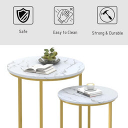 Huhote Two Piece Nesting Round Side Coffee Tables With Gold Metal Frame And White Wood Marble Finish Top Diameter 18.89 Inches - thumbnail 8