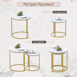 Huhote Two Piece Nesting Round Side Coffee Tables With Gold Metal Frame And White Wood Marble Finish Top Diameter 18.89 Inches - thumbnail 4