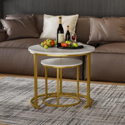 Huhote Two Piece Nesting Round Side Coffee Tables With Gold Metal Frame And White Wood Marble Finish Top Diameter 18.89 Inches - thumbnail 5