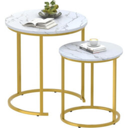 Huhote Two Piece Nesting Round Side Coffee Tables With Gold Metal Frame And White Wood Marble Finish Top Diameter 18.89 Inches - thumbnail 2