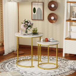 Huhote Two Piece Nesting Round Side Coffee Tables With Gold Metal Frame And White Wood Marble Finish Top Diameter 18.89 Inches - thumbnail 6
