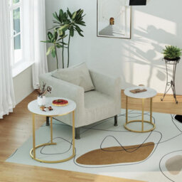 Huhote Two Piece Nesting Round Side Coffee Tables With Gold Metal Frame And White Wood Marble Finish Top Diameter 18.89 Inches - thumbnail 7
