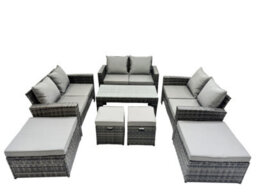 Fimous Outdoor Love Sofa Set 10 Seat Rattan Garden Furniture Set With Oblong Coffee Table 4 Stools Dark Grey Mixed - thumbnail 1