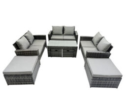 Fimous Outdoor Love Sofa Set 10 Seat Rattan Garden Furniture Set With Oblong Coffee Table 4 Stools Dark Grey Mixed - thumbnail 2