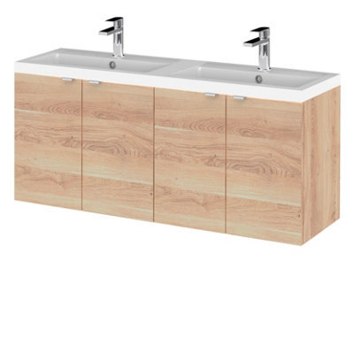 Hudson Reed Fusion Wall Hung 4-Door Vanity & Double Ceramic Basin, Vanity Unit With Basin, Bleached Oak, 1200mm - image 1