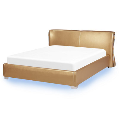 Beliani Bed With Led Leather Paris 160 X 200 Cm (Eu King Size) Led Gold - image 1