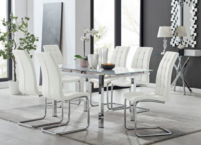 Furniturebox Uk 6 Seater Dining Set - Enna White Glass & Chrome Extendable Dining Table & Chairs - 6 White Leather Murano Chairs - image 1