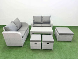 Fimous 7 Seater Outdoor Love Sofa Set Rattan Garden Furniture Set Oblong Coffee Table 3 Footstool Light Grey - thumbnail 2