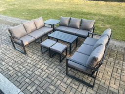 Fimous Aluminium 11 Seater Outdoor Garden Furniture Set Lounge Sofa 2 Small Footstools Side Table Sets With Cushions Dark Grey - thumbnail 2