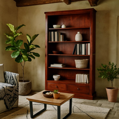 Wyld Haus Oxford Mahogany Mango Wood Bookcase, 5 Shelves, 2 Drawers, 1800 X 1100 X 360mm - image 1