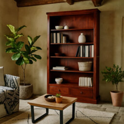 Wyld Haus Oxford Mahogany Mango Wood Bookcase, 5 Shelves, 2 Drawers, 1800 X 1100 X 360mm
