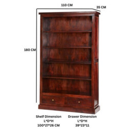 Wyld Haus Oxford Mahogany Mango Wood Bookcase, 5 Shelves, 2 Drawers, 1800 X 1100 X 360mm - thumbnail 4