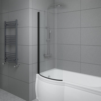 Sundaze 6mm Toughened Safety Glass Curved P Shaped Shower Bath Screen - 1400X715mm Black - image 1