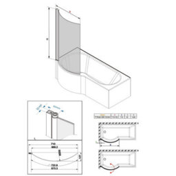 Sundaze 6mm Toughened Safety Glass Curved P Shaped Shower Bath Screen - 1400X715mm Black - thumbnail 6