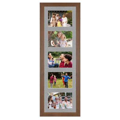 AK Frames 26X8 Walnut Modern Multi Photo Frame With Silver Mount - Holds 5 Apertures (5X) 6X4 Photos - image 1