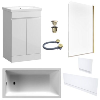FNX Bathrooms Waterproof 500mm Vanity Unit With Single Ended Bath, Gloss White Panels, Brushed Brass Screen, Bath & Universal Basin Waste - image 1