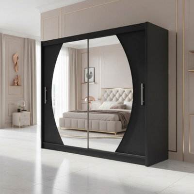 Bega Iv 180 Sliding Door Wardrobe Modern Bedroom Storage With Mirror Hanging Rail And Shelves In Black - image 1
