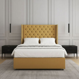 REGIONAL FURNISHINGS Mustard Plush Velvet Divan Bed Set Upholstered 54Inch Headboard 2Drawersfootend & Mattress In Double King 4Ft 6Ft Sizes - thumbnail 2