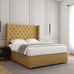 REGIONAL FURNISHINGS Mustard Plush Velvet Divan Bed Set Upholstered 54Inch Headboard 2Drawersfootend & Mattress In Double King 4Ft 6Ft Sizes - thumbnail 3