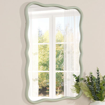 Deenz Rectangular Stylish Muted Green Hue Finished Wall Mounted Mirror Wavy Design Wooden Framed Home Décor Modern Edge 91X61 Cm - image 1