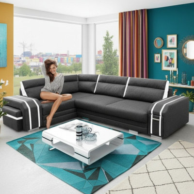 Avatar Corner Sofa Bed With Ottoman And Side Bar Upholstered Back Loose Cushions 300X200X90Cm 145X220Cm Graphite And White Left - image 1