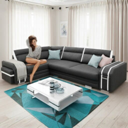 Avatar Corner Sofa Bed With Ottoman And Side Bar Upholstered Back Loose Cushions 300X200X90Cm 145X220Cm Graphite And White Left - thumbnail 2