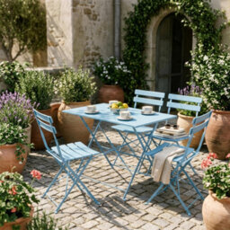 Harbour Housewares 5 Piece Sussex Folding Patio Bistro Set - Blue - Outdoor Garden Table & Chairs For Balcony & Terrace - thumbnail 2