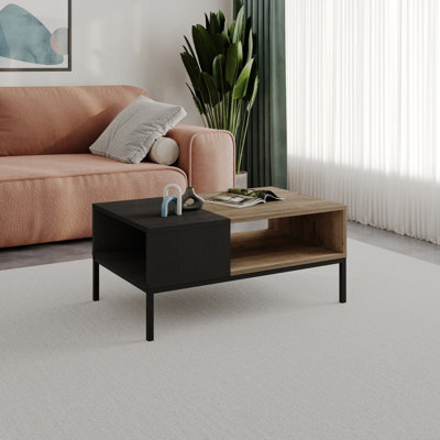 Decortie Cailin Modern 90Cm Rectangular Coffee Table Dual-Side Open Shelf Metal Legs Natural Oak, Black Wood Living Room - image 1