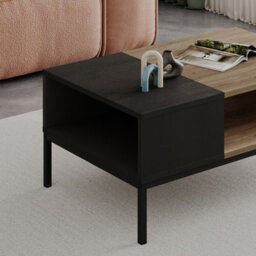 Decortie Cailin Modern 90Cm Rectangular Coffee Table Dual-Side Open Shelf Metal Legs Natural Oak, Black Wood Living Room - thumbnail 4