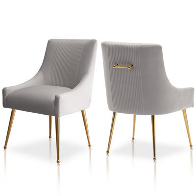Seynar Velvet Tufted Dining Chairs With Gold Legs Set Of 2, Grey, Upholstered For Dining Or Living Room