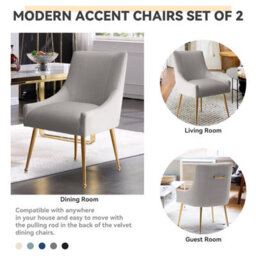 Seynar Velvet Tufted Dining Chairs With Gold Legs Set Of 2, Grey, Upholstered For Dining Or Living Room - thumbnail 3